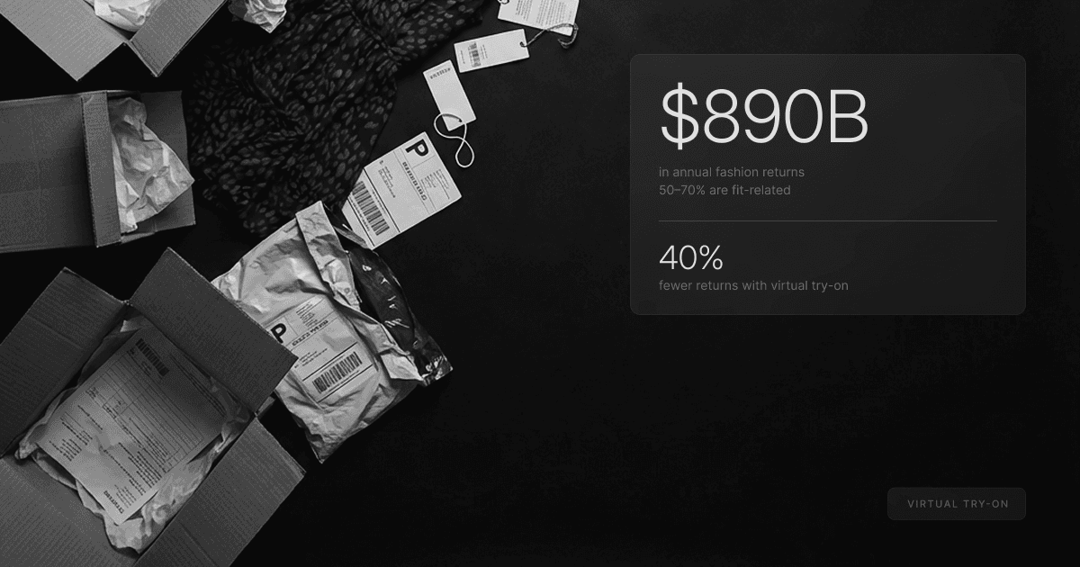 Returns funnel showing $890B in annual fashion returns and 40% fewer returns with virtual try-on
