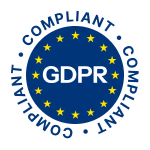 Blue circular GDPR compliant logo with yellow stars in a circle and white GDPR text in center.