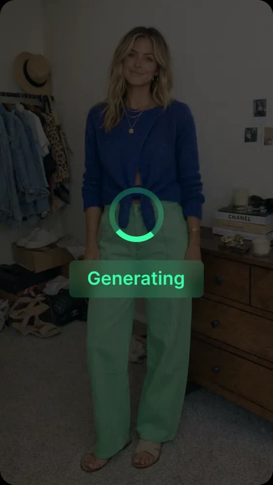 Woman in a blue sweater and green pants standing in a room with clothes and a wooden dresser.