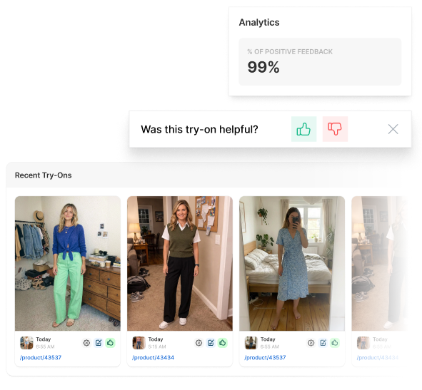 TryPoint admin analytics showing shopper feedback and recent try-on photos.