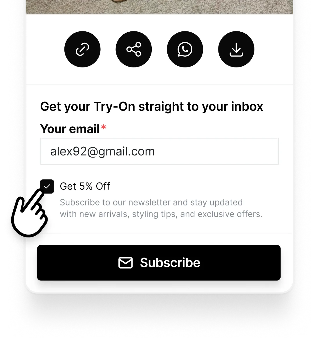 Email subscription form with a checked box for 5% off and a subscribe button below.