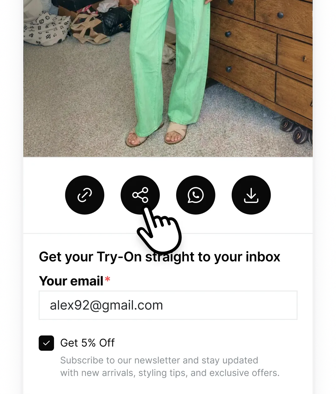 A shopper sharing a fashion try-on by email.
