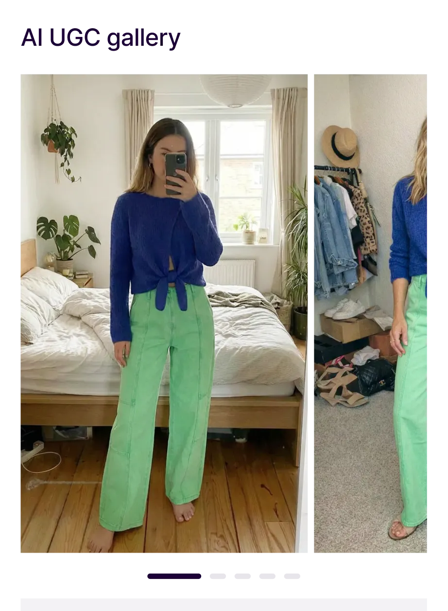 A shopper taking a mirror selfie in a virtual try-on outfit.
